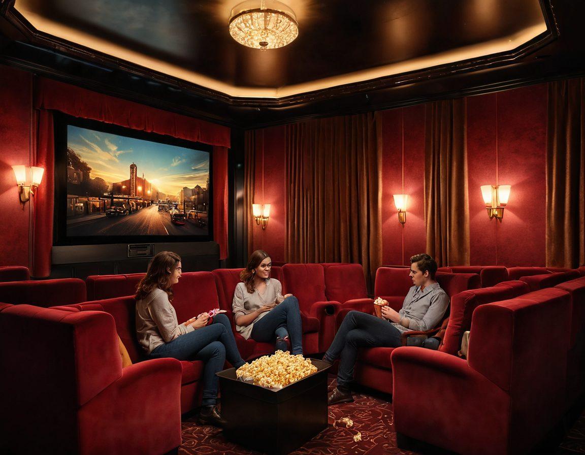 A cozy, dimly lit cinema with plush velvet seats, a giant screen displaying a romantic film scene, soft golden lights twinkling above, and a couple sharing popcorn, lost in the moment. Romantic film posters adorn the walls, and a feeling of nostalgia and warmth radiates throughout. The atmosphere is inviting and dreamy. vibrant colors. cinematic style. super-realistic.