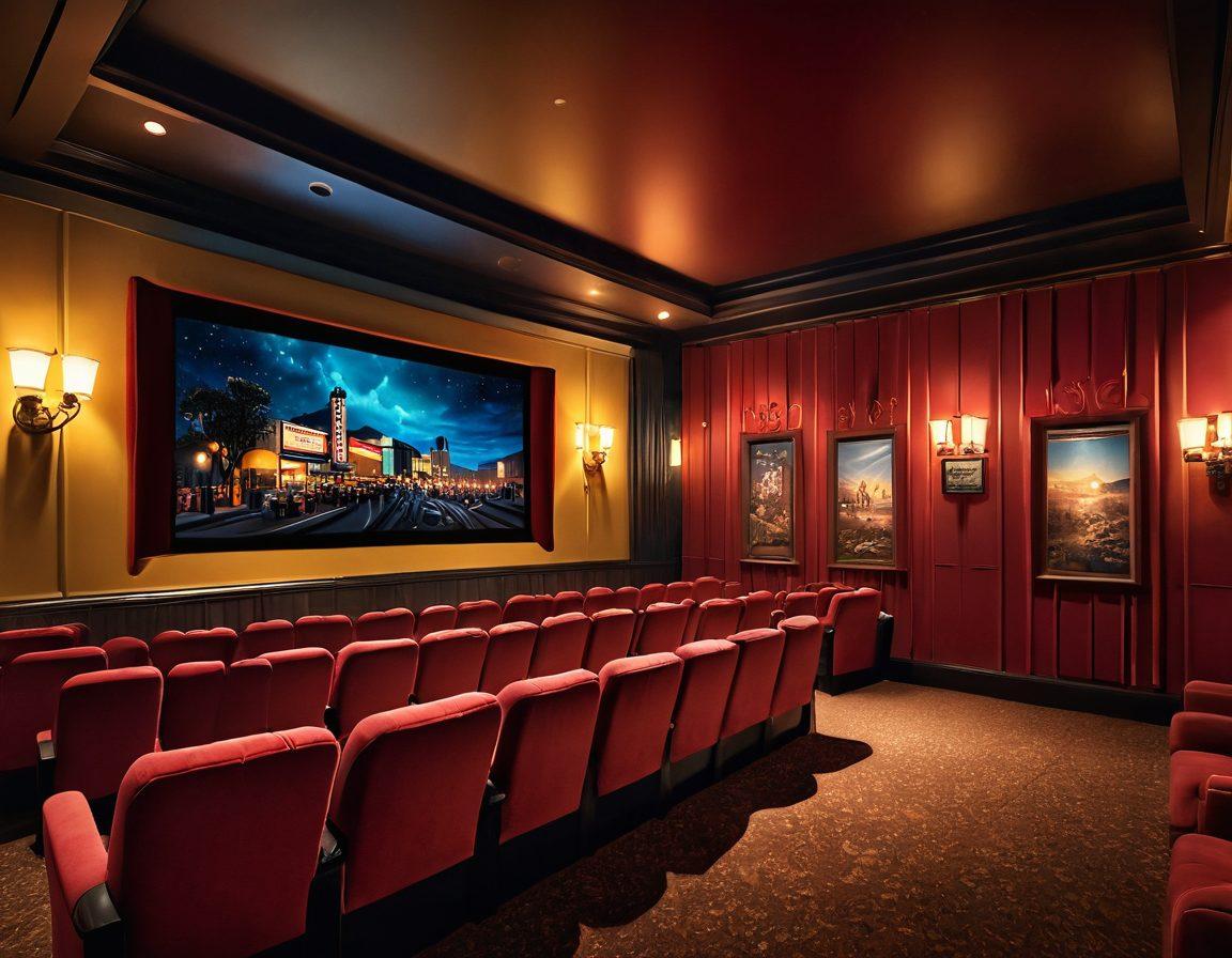 A cozy, inviting cinema filled with plush seats and a large screen showcasing a dreamy cinematic scene, heartwarming characters bonding over popcorn, warm lighting casting a soft glow, film reels and vintage posters adorning the walls, capturing the essence of cinematic nostalgia. vibrant colors. super-realistic.